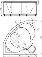 Акриловая ванна AQUATEK Сириус SIR164-0000002 165x165 см, угловая, пристенная, белая, четверть круга, вклеенный каркас, с экраном, с сиденьем, со сливом-переливом