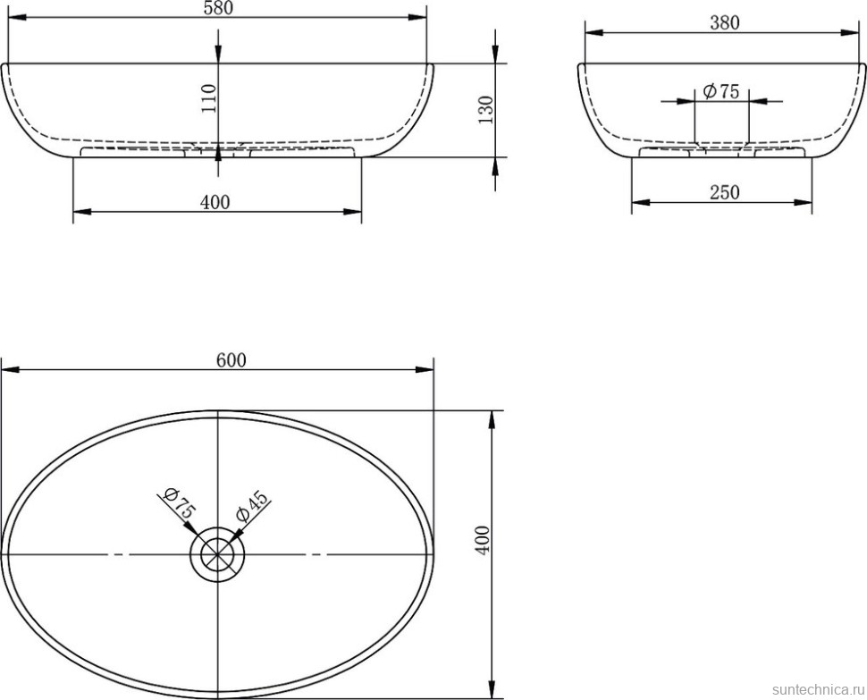 Накладная раковина Abber Stein AS2619 60 матовая белая, овальная, искусственный камень