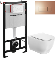 Комплект Унитаз подвесной KERAMA MARAZZI Modula MO.wc.02 безободковый, с микролифтом, глянцевый белый + Инсталляция + Кнопка FPS.A.RGM розовое матовое золото