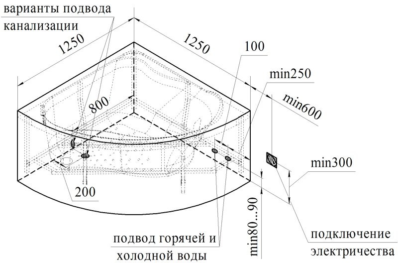 Акриловая ванна Radomir Vannesa Massage Альтея актив 125x125 см, угловая, пристенная, с гидромассажем, белая, четверть круга, с каркасом, с экраном, со сливом-переливом