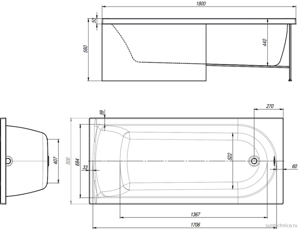 Акриловая ванна Alex Baitler Michigan 180x80 см, встраиваемая, белая, с экраном