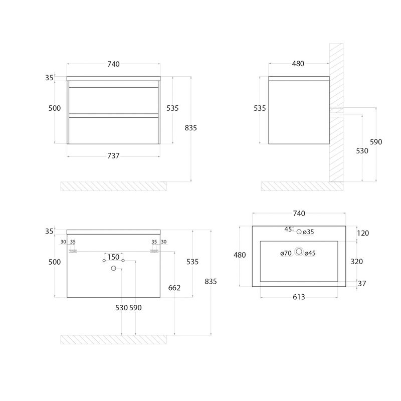 Тумба под раковину без столешницы Art&Max Family-M 75 подвесная, bourbon oak