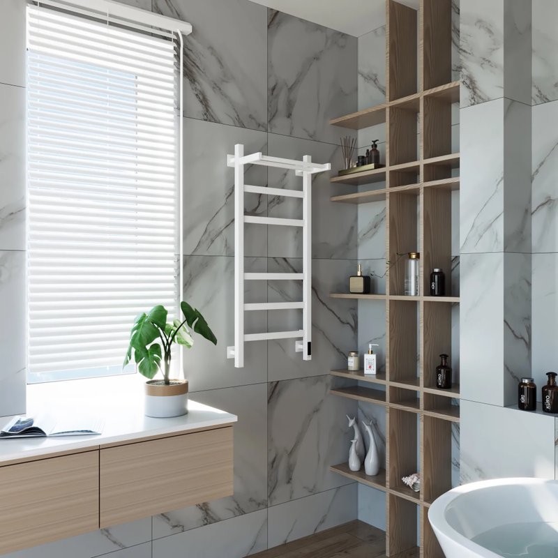 Полотенцесушитель электрический Grota Tela 430х1000 RAL9016 EL 100x45 см, подключение справа, слева, скрытое подключение справа, матовый белый, лесенка, из стали, с полкой