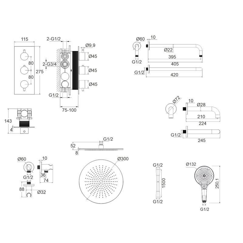 Душевой комплект WHITECROSS Y YSET11TOPBL С ВНУТРЕННЕЙ ЧАСТЬЮ, черный матовый