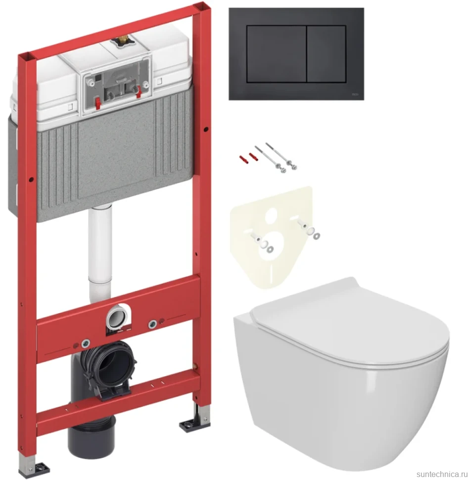 Комплект Унитаз подвесной Bauedge Bau Ceramics безободковый, с микролифтом, белый + Инсталляция TECE Now 9400414 4 в 1 с кнопкой смыва