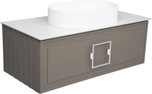 Тумба с раковиной La Fenice Cubo 100 подвесная, cappuccino, ручка белая, столешница белый мрамор, раковина белая матовая