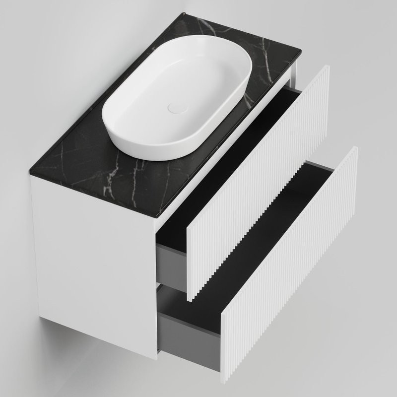 Тумба под раковину со столешницей La Fenice Terra Twin 100 подвесная, bianco, белая матовая, столешница черный мрамор
