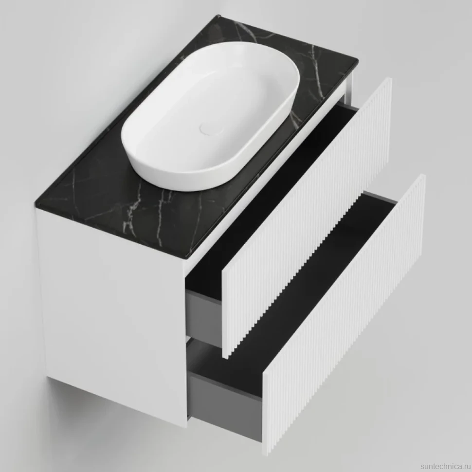 Тумба под раковину со столешницей La Fenice Terra Twin 100 подвесная, bianco, белая матовая, столешница черный мрамор