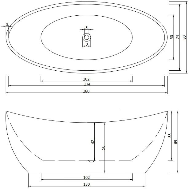 Акриловая ванна Ceruttispa 10201 180x80 см, отдельностоящая, белая, овальная, с каркасом, со сливом-переливом, с донным клапаном