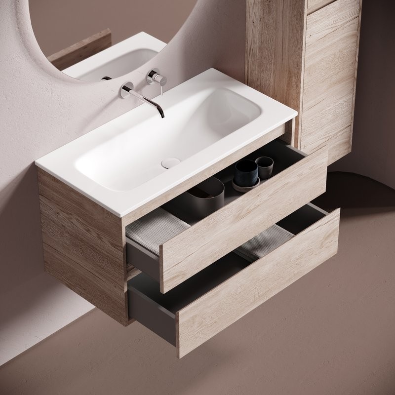 Тумба с раковиной Sancos Libra 90 подвесная, дуб галифакс натуральный, раковина СN7019wx