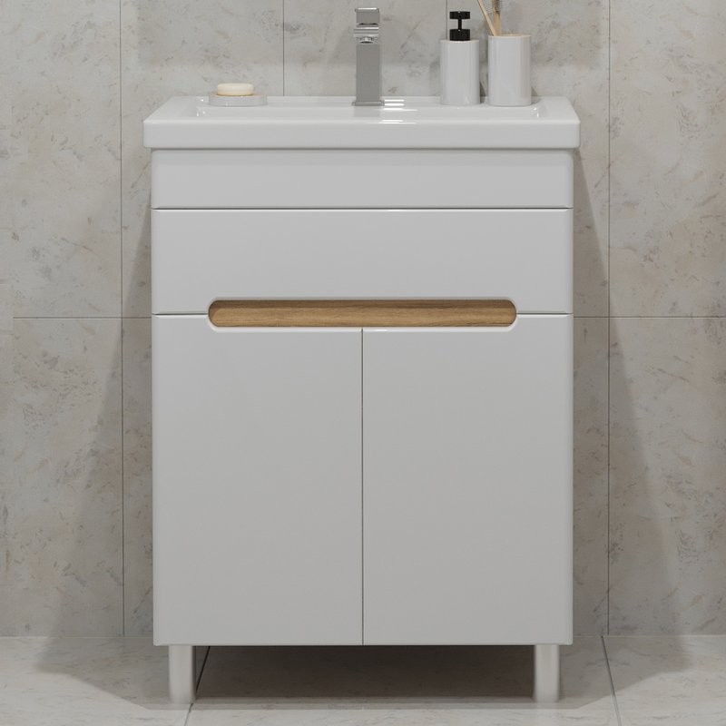 Тумба под раковину без столешницы SanStar Модена 60 напольная, глянцевая белая, дуб вотан