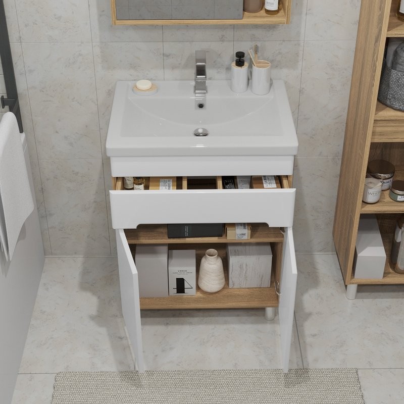 Тумба под раковину без столешницы SanStar Модена 60 напольная, глянцевая белая, дуб вотан