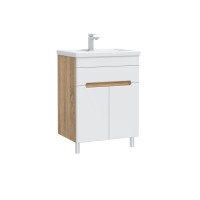 Тумба под раковину без столешницы SanStar Модена 60 напольная, глянцевая белая, дуб вотан
