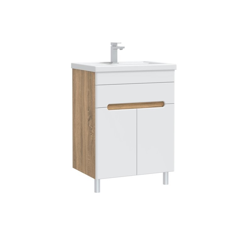 Тумба под раковину без столешницы SanStar Модена 60 напольная, глянцевая белая, дуб вотан