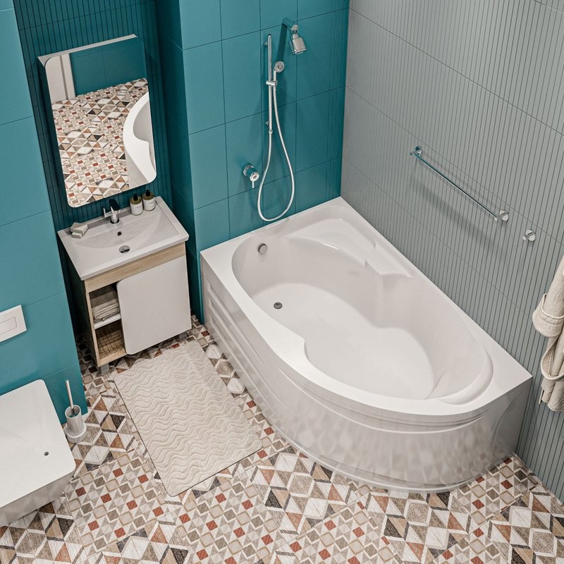 Акриловая ванна 1MarKa Diana L Премиум 170x105 см, угловая, левая, пристенная, белая, асимметричная, с каркасом, с экраном, с сиденьем, со сливом-переливом