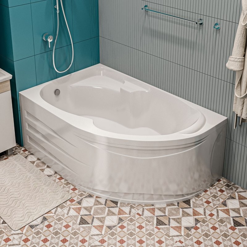 Акриловая ванна 1MarKa Diana L Премиум 170x105 см, угловая, левая, пристенная, белая, асимметричная, с каркасом, с экраном, с сиденьем, со сливом-переливом