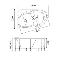 Акриловая ванна 1MarKa Diana L Премиум 170x105 см, угловая, левая, пристенная, белая, асимметричная, с каркасом, с экраном, с сиденьем, со сливом-переливом