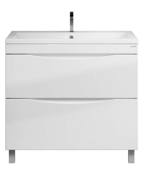 Тумба с раковиной Grossman Виста 90 напольная, 2 ящика, белый глянец