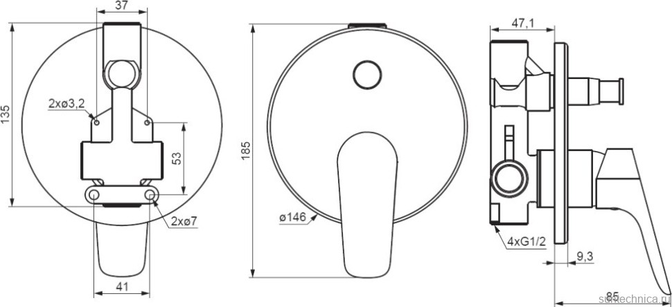 Встраиваемый смеситель для душа и ванны Damixa Jupiter 777100300 С ВНУТРЕННЕЙ ЧАСТЬЮ, черный