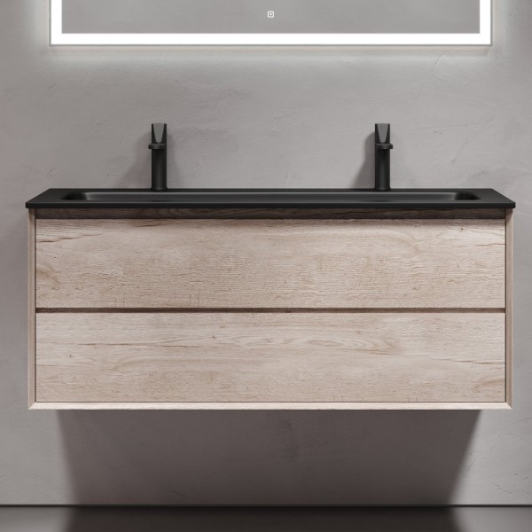 Тумба с раковиной Sancos Marmi 2.0 120 черная раковина, на двоих, дуб галифакс натуральный