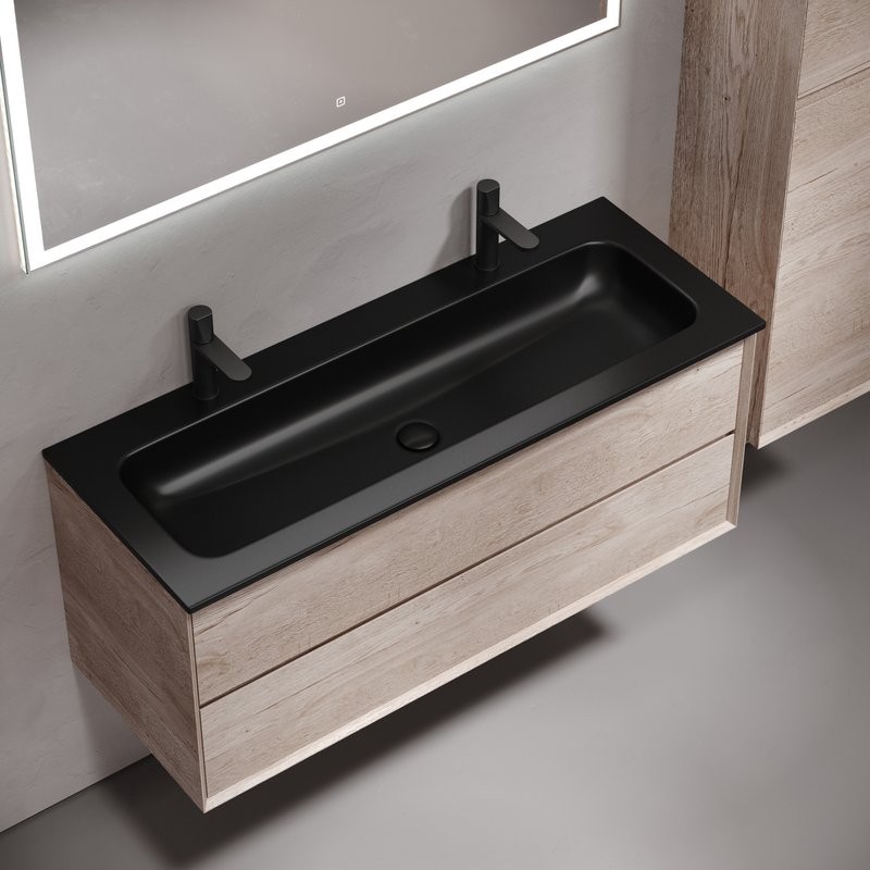 Тумба с раковиной Sancos Marmi 2.0 120 черная раковина, на двоих, дуб галифакс натуральный