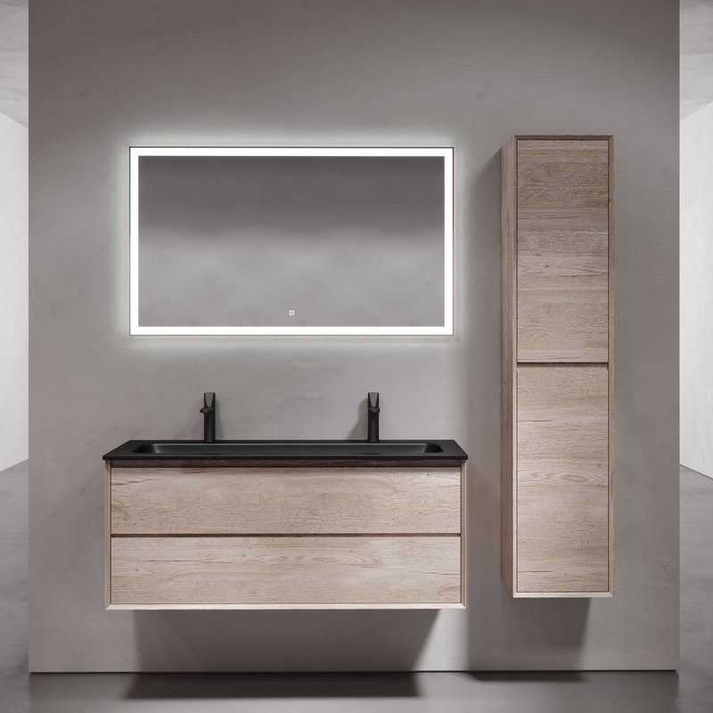 Тумба с раковиной Sancos Marmi 2.0 120 черная раковина, на двоих, дуб галифакс натуральный