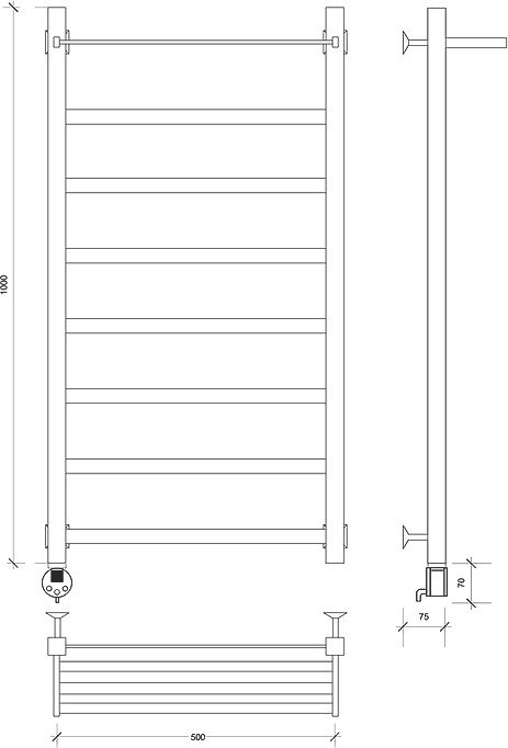 Полотенцесушитель электрический Secado Корсико 1 СП , 105x55 см, скрытое подключение слева, матовый черный, лесенка, с полкой