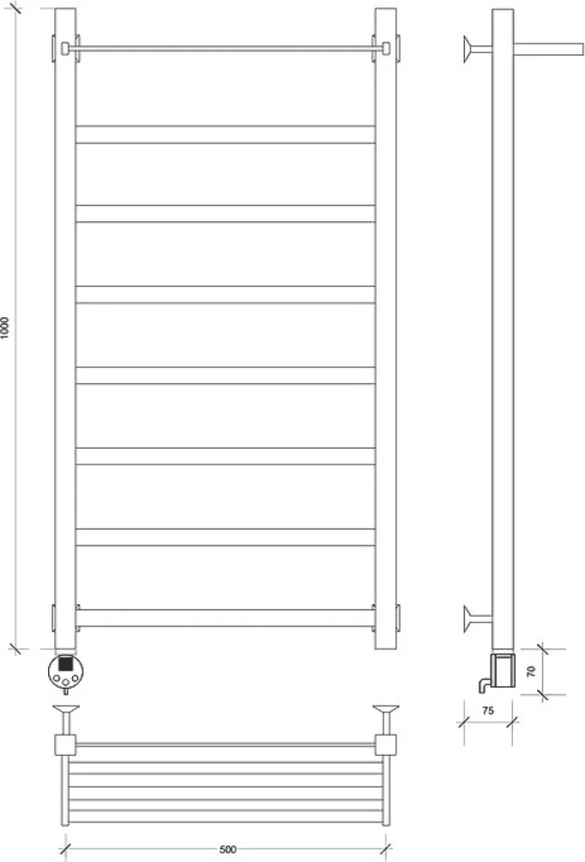 Полотенцесушитель электрический Secado Корсико 1 СП , 105x55 см, скрытое подключение слева, матовый черный, лесенка, с полкой