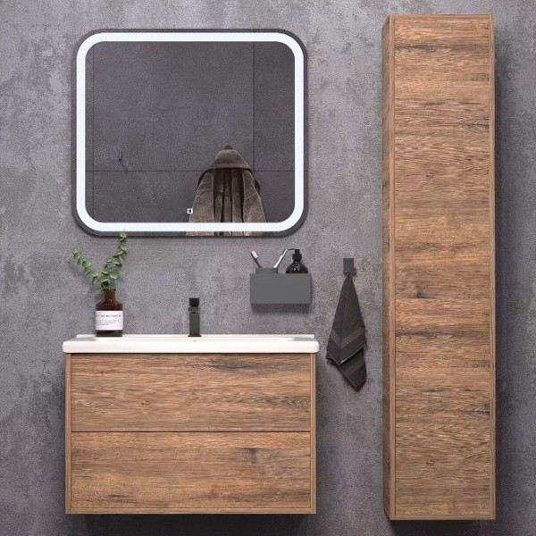 Мебель для ванной комнаты SanStar Siva 80 подвесная, дуб веллингтон табак, раковина Миранда