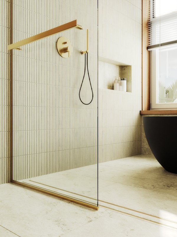 Душевая перегородка Maybahglass MGD-1418-3у 99 см, профиль золото, стекло прозрачное