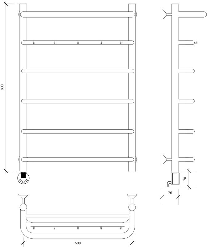 Полотенцесушитель электрический Secado Мерида 1 КСП 80x50 см, подключение слева, матовый черный, лесенка, с полкой