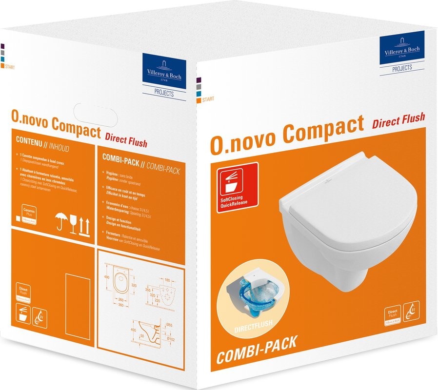 Комплект Унитаз подвесной Villeroy & Boch O.Novo O.novo 5688HR01 alpin, безободковый + Кнопка Viconnect 9224 9069 матовый хром + Инсталляция 9224 6100