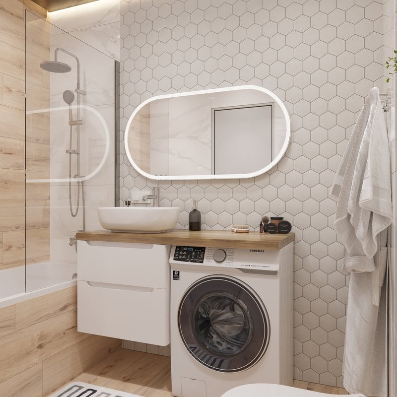 Тумба с раковиной STWORKI Берген 60 белая со светлой столешницей 122, Moduo 50 Square, R