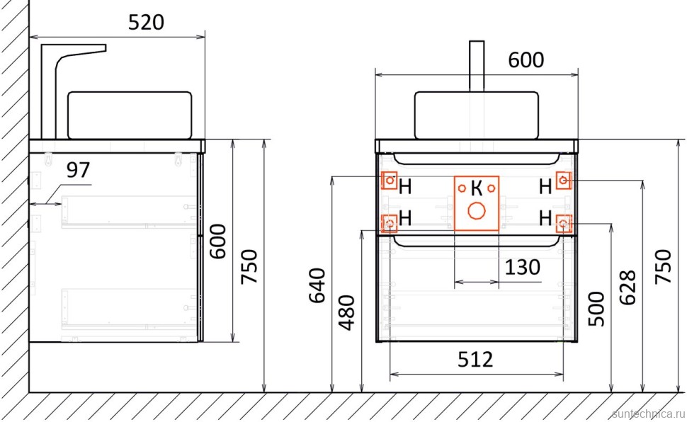 Тумба с раковиной STWORKI Берген 60 белая со светлой столешницей 122, Moduo 50 Square, R