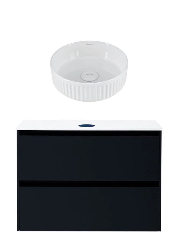 Тумба с раковиной Allen Brau Activity 90 с подсветкой, матовый антрацит, черный браш, столешница белая, раковина Fantasy Line 36, белая