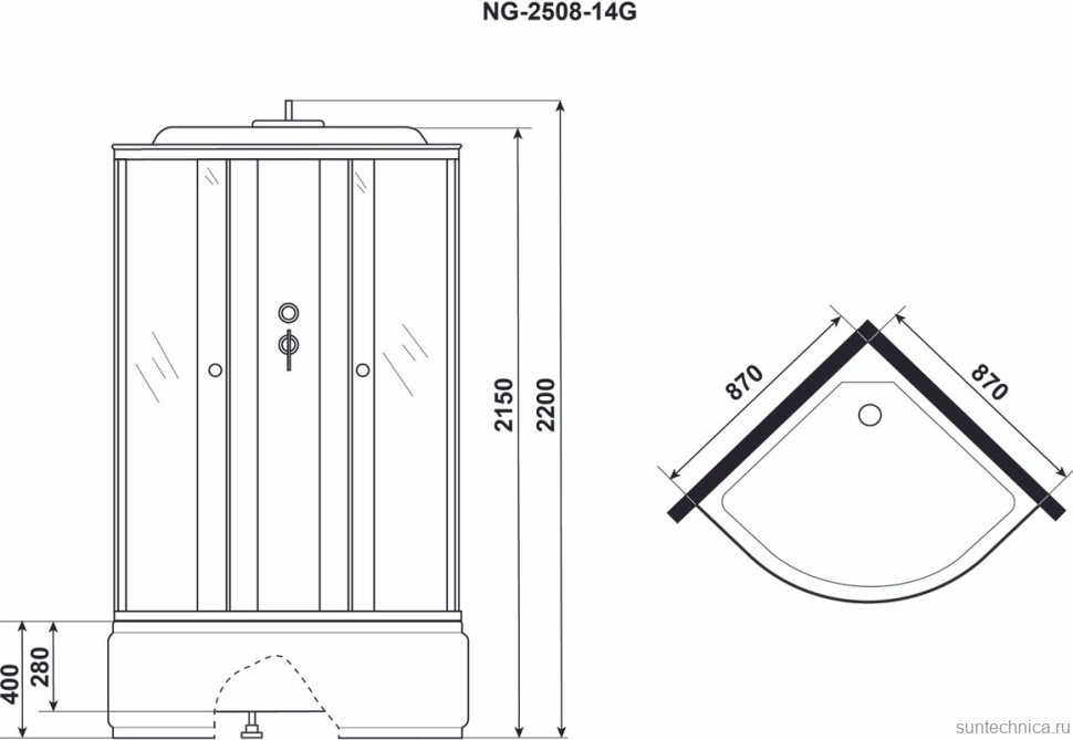 Душевая кабина Niagara NG-2508-14G х220 90х90 тонированные стёкла, с высоким поддоном, с сиденьем
