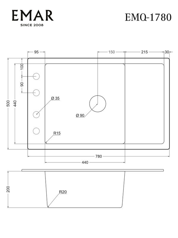 Мойка кухонная Emar Quartz EMQ-1780.Q антрацит