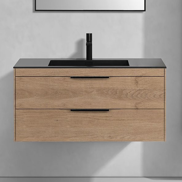 Тумба с раковиной Vincea Chiara 2D 100, 2 ящика, натуральный дуб, с черной раковиной