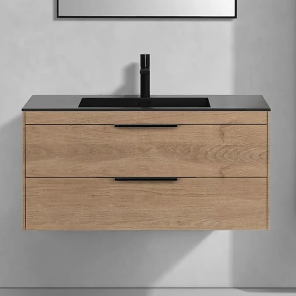 Тумба с раковиной Vincea Chiara 2D 100, 2 ящика, натуральный дуб, с черной раковиной