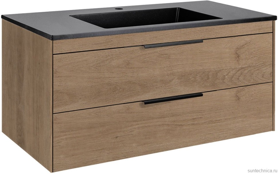Тумба с раковиной Vincea Chiara 2D 100, 2 ящика, натуральный дуб, с черной раковиной