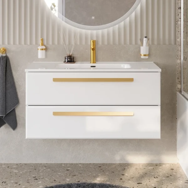 Тумба с раковиной Cezares Eco Cer-N 100 bianco lucido, раковина Duet 100, ручки сатиновое золото
