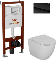 Комплект Унитаз подвесной Bauedge Bau Dream безободковый, с микролифтом + Инсталляция Bau Pro + Кнопка Dream, черная