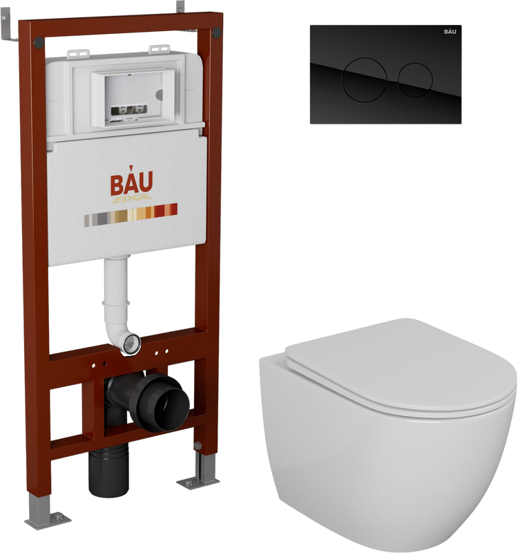 Комплект Унитаз подвесной Bauedge Bau Dream безободковый, с микролифтом + Инсталляция Bau Pro + Кнопка Dream, черная