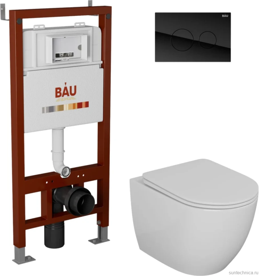 Комплект Унитаз подвесной Bauedge Bau Dream безободковый, с микролифтом + Инсталляция Bau Pro + Кнопка Dream, черная