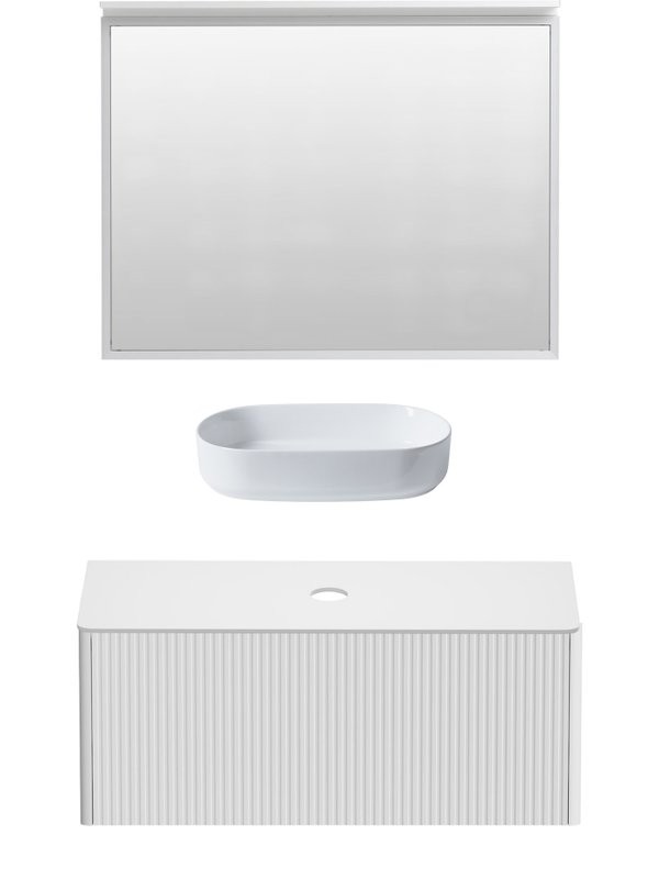 Мебель для ванной комнаты Allen Brau Gravity 120 1 ящик, с фрезеровкой, матовый белый, столешница белая, раковина Fantasy Oval 55, белая