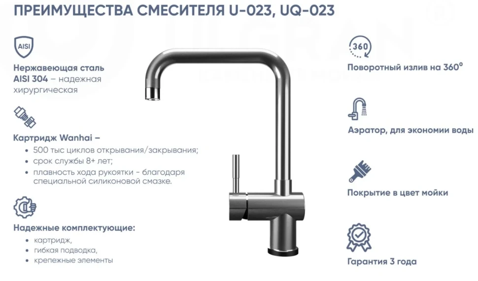 Смеситель для кухни Ulgran Quartz UQ-023 уголь