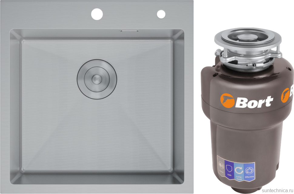 Комплект Мойка D&K DKS505004 сатин + Измельчитель Bort Titan Max Power FullControl