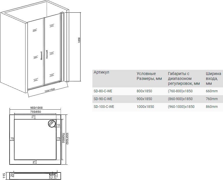 Душевая дверь в нишу Good Door Mokka SD-90-C-WE