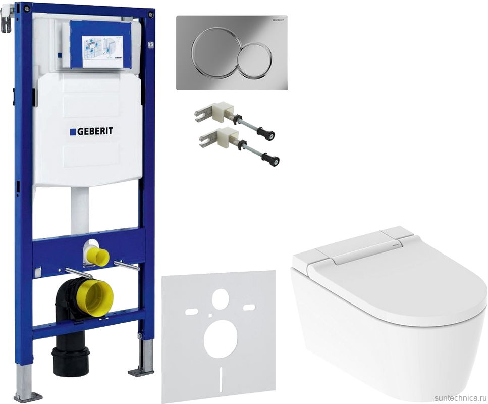 Комплект Умный унитаз Geberit AquaClean Sela 146.224.11.1 альпийский белый + Крепления Duofix 111.815.00.1 к стене + Звукоизоляция + Инсталляция UP 320 111.300.00.5 + Кнопка Sigma 01 115.770.21.5 хром