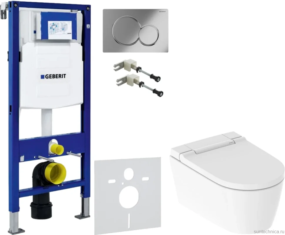 Комплект Умный унитаз Geberit AquaClean Sela 146.224.11.1 альпийский белый + Крепления Duofix 111.815.00.1 к стене + Звукоизоляция + Инсталляция UP 320 111.300.00.5 + Кнопка Sigma 01 115.770.21.5 хром
